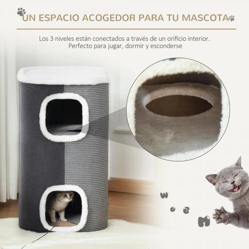 Barril Rascador para Gatos de 2 Niveles con Cuevas de Sisal Felpa Suave y Plataforma de Vellón 40x40x49 cm Gris [2]