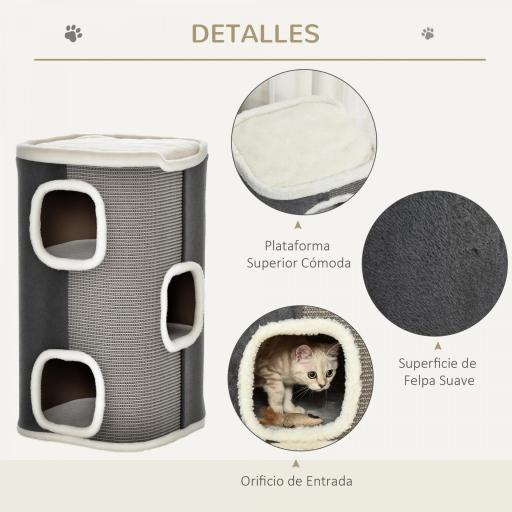 Barril Rascador para Gatos de 2 Niveles con Cuevas de Sisal Felpa Suave y Plataforma de Vellón 40x40x49 cm Gris [4]