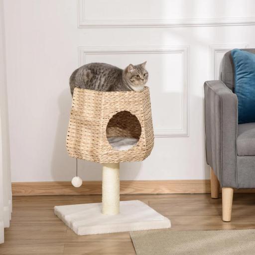 Árbol Rascador para Gatos Pequeño Altura 66 cm Torre Escalador de Gato con Cueva de Juncos Cama Superior Cojines Poste Rascador de Sisal y Bola Colgante Crema y Natural