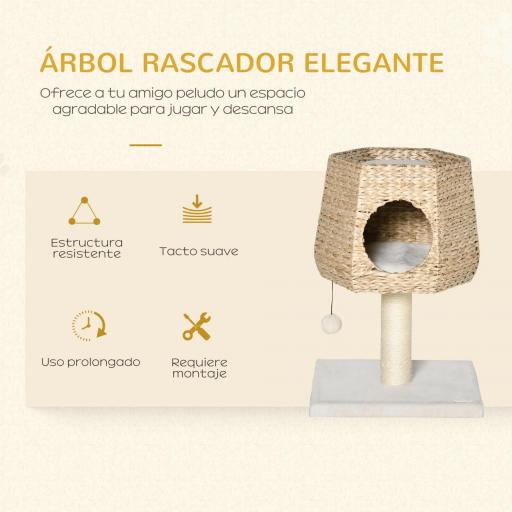 Árbol Rascador para Gatos Pequeño Altura 66 cm Torre Escalador de Gato con Cueva de Juncos Cama Superior Cojines Poste Rascador de Sisal y Bola Colgante Crema y Natural [3]