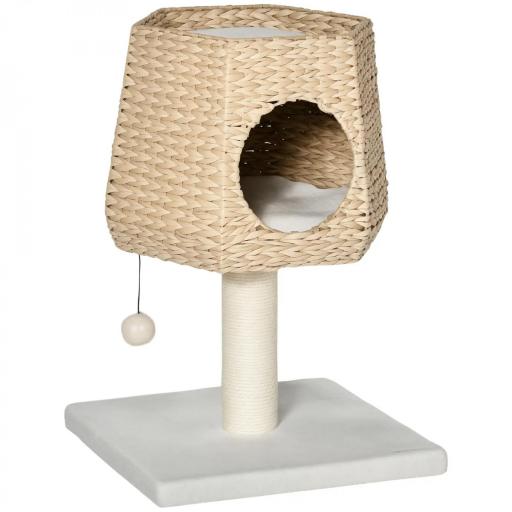 Árbol Rascador para Gatos Pequeño Altura 66 cm Torre Escalador de Gato con Cueva de Juncos Cama Superior Cojines Poste Rascador de Sisal y Bola Colgante Crema y Natural [8]