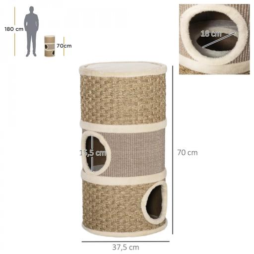 Tonel Rascador para Gatos con 3 Niveles Barril de Rascado con Plataforma Cama Cómoda Ø37,5x70 cm Marrón Claro y Beige [4]