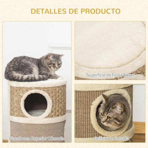 Tonel Rascador para Gatos con 3 Niveles Barril de Rascado con Plataforma Cama Cómoda Ø37,5x70 cm Marrón Claro y Beige [3]