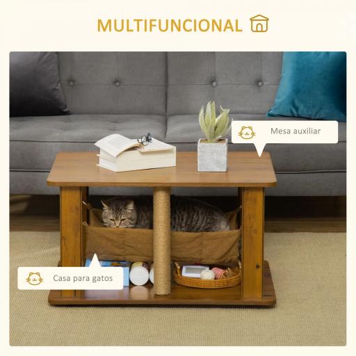Mesa de Centro Hamaca para Gatos con 2 Postes Rascadores de Yute y Estante Inferior de Almacenaje 79x59x45,5 cm Marrón [2]