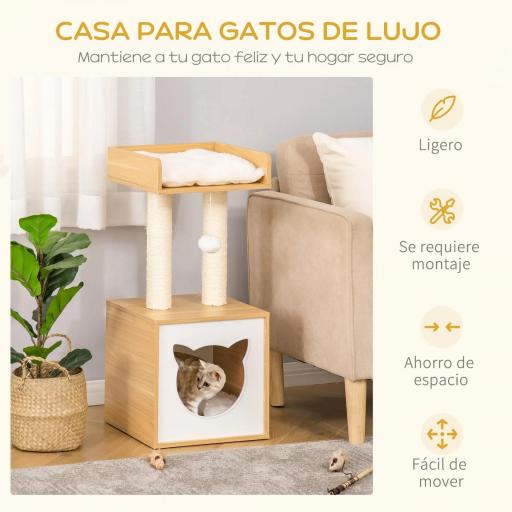 Árbol para Gatos de 2 Niveles con Cueva Cama Superior Postes Rascadores de Sisal Natural Cojines Lavables y Bola de Juguete 35x35x81 cm Roble y Blanco [3]