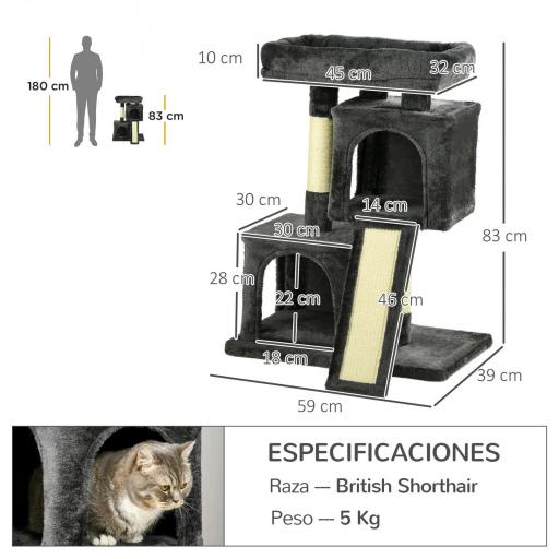 Árbol Múltiples Actividades para Gatos Centro de Juegos para Mascotas con Postes y Tablero Rascador Cuevas Cama con Borde Elevado Tacto Suave 59x39x83 cm Gris Oscuro [1]