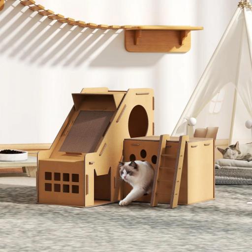 Rascador Cartón para Gatos Forma Castillo 2 en 1 Rascador para Gatos con 2 Zonas de Rascado Catnip 67x66x57 cm Marrón