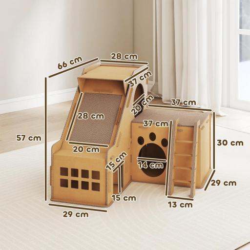 Rascador Cartón para Gatos Forma Castillo 2 en 1 Rascador para Gatos con 2 Zonas de Rascado Catnip 67x66x57 cm Marrón [5]