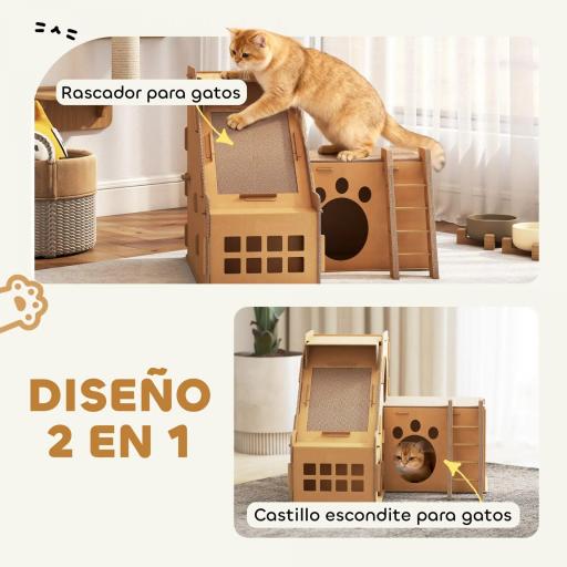 Rascador Cartón para Gatos Forma Castillo 2 en 1 Rascador para Gatos con 2 Zonas de Rascado Catnip 67x66x57 cm Marrón [4]