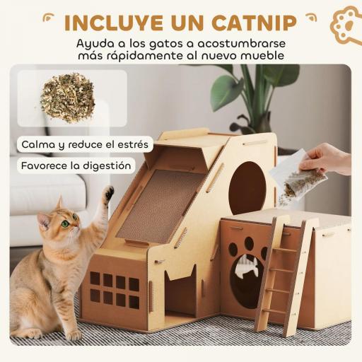 Rascador Cartón para Gatos Forma Castillo 2 en 1 Rascador para Gatos con 2 Zonas de Rascado Catnip 67x66x57 cm Marrón [2]