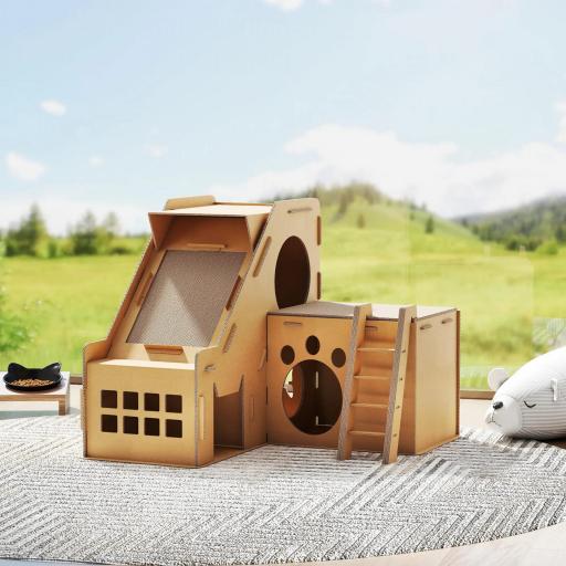 Rascador Cartón para Gatos Forma Castillo 2 en 1 Rascador para Gatos con 2 Zonas de Rascado Catnip 67x66x57 cm Marrón [6]