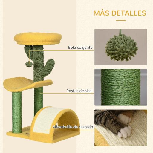 Rascador para Gatos de 72 cm con Cama Poste de Sisal Rascador Curvo y Bola Colgante 40x35x72 cm Verde y Amarillo [3]