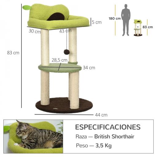 Árbol Rascador para Gatos con Cama en Forma de Aguacate Plataforma Postes de Sisal y Bola Colgante Ø44x83cm Verde [1]