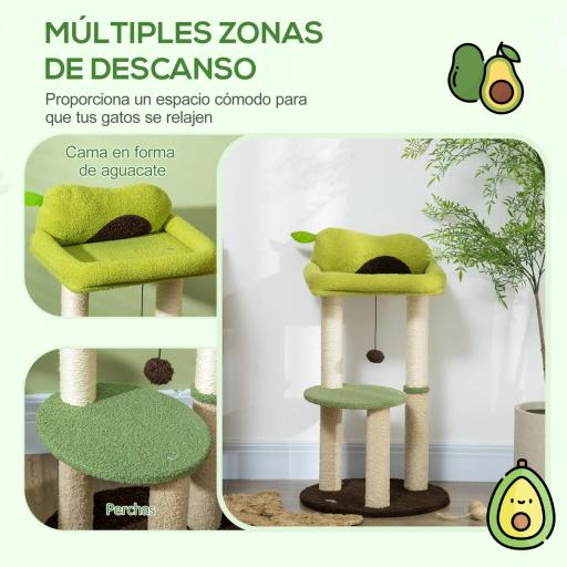 Árbol Rascador para Gatos con Cama en Forma de Aguacate Plataforma Postes de Sisal y Bola Colgante Ø44x83cm Verde [2]