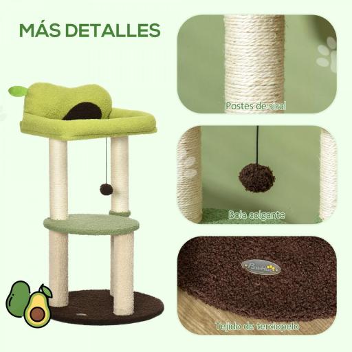 Árbol Rascador para Gatos con Cama en Forma de Aguacate Plataforma Postes de Sisal y Bola Colgante Ø44x83cm Verde [4]
