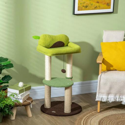 Árbol Rascador para Gatos con Cama en Forma de Aguacate Plataforma Postes de Sisal y Bola Colgante Ø44x83cm Verde [5]