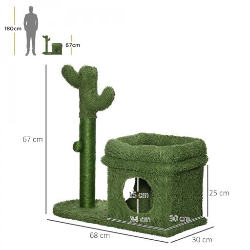 Árbol Rascador para Gatos Diseño de Cactus con Cama Cueva Poste de Sisal y Bola Colgante 68x30x67 cm Verde [1]