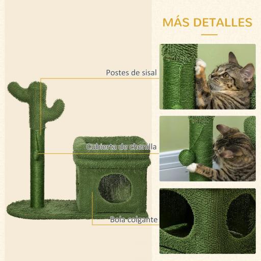 Árbol Rascador para Gatos Diseño de Cactus con Cama Cueva Poste de Sisal y Bola Colgante 68x30x67 cm Verde [2]