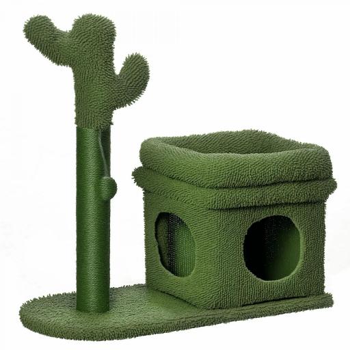 Árbol Rascador para Gatos Diseño de Cactus con Cama Cueva Poste de Sisal y Bola Colgante 68x30x67 cm Verde [7]