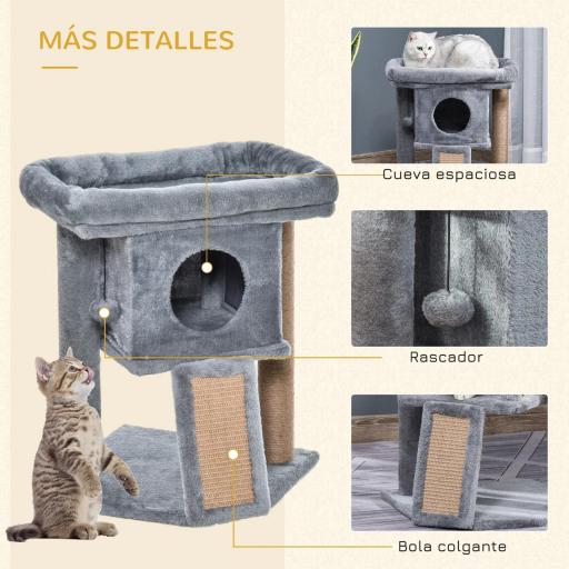 Árbol Rascador para Gatos Pequeños de 57 cm con Poste de Yute Rampa para Rascar Cama y Bola Colgante 40x40x57 cm Gris [3]