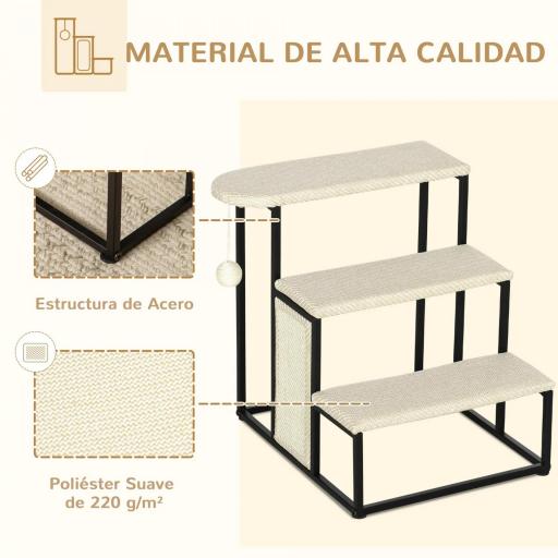 Escalera para Mascotas con 3 Escalones Bola Colgante Tablero de Rascar y Marco de Acero 47x45x47 cm Crema y Negro [2]