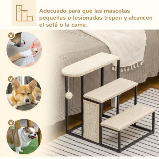 Escalera para Mascotas con 3 Escalones Bola Colgante Tablero de Rascar y Marco de Acero 47x45x47 cm Crema y Negro [4]