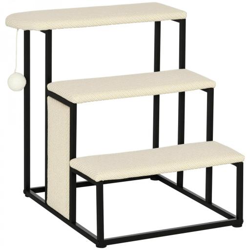 Escalera para Mascotas con 3 Escalones Bola Colgante Tablero de Rascar y Marco de Acero 47x45x47 cm Crema y Negro [9]