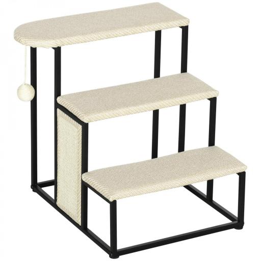 Escalera para Mascotas con 3 Escalones Bola Colgante Tablero de Rascar y Marco de Acero 47x45x47 cm Crema y Negro [8]
