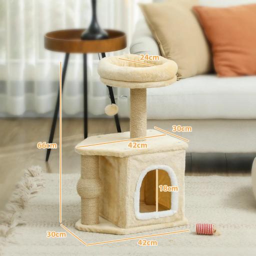 Árbol para Gatos Altura 66 cm Torre para Gatos con Cama Cueva Plataforma Bola Colgante y Poste de Yute Beige [3]