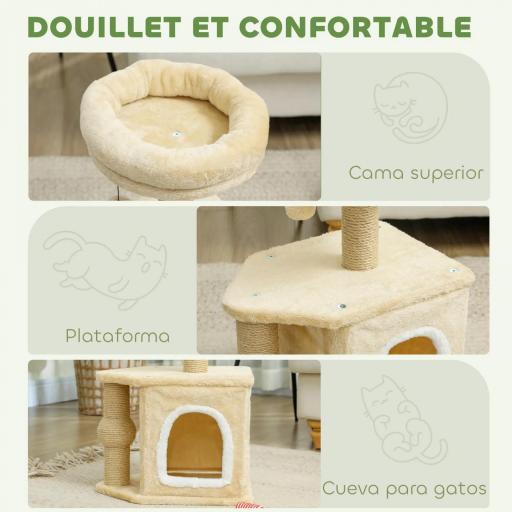 Árbol para Gatos Altura 66 cm Torre para Gatos con Cama Cueva Plataforma Bola Colgante y Poste de Yute Beige [2]