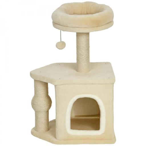 Árbol para Gatos Altura 66 cm Torre para Gatos con Cama Cueva Plataforma Bola Colgante y Poste de Yute Beige [8]