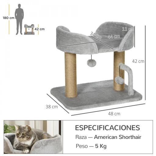 Árbol Rascador para Gatos Pequeños Altura 42 cm con Nido Bolas Colgantes y Postes de Sisal 48x38x42 cm Gris Claro [1]