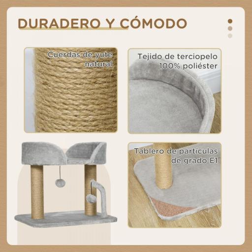Árbol Rascador para Gatos Pequeños Altura 42 cm con Nido Bolas Colgantes y Postes de Sisal 48x38x42 cm Gris Claro [3]