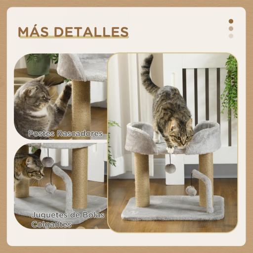 Árbol Rascador para Gatos Pequeños Altura 42 cm con Nido Bolas Colgantes y Postes de Sisal 48x38x42 cm Gris Claro [2]