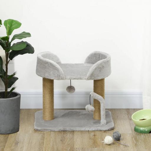 Árbol Rascador para Gatos Pequeños Altura 42 cm con Nido Bolas Colgantes y Postes de Sisal 48x38x42 cm Gris Claro [6]