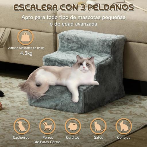 Escalera para Perros de 3 Peldaños con Funda Extraíble y Lavable para Mascotas Mayores para Cama Sofá 46x35x35 cm Gris [2]