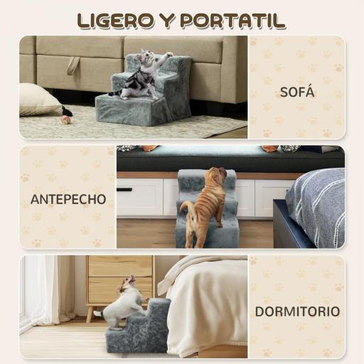 Escalera para Perros de 3 Peldaños con Funda Extraíble y Lavable para Mascotas Mayores para Cama Sofá 46x35x35 cm Gris [5]