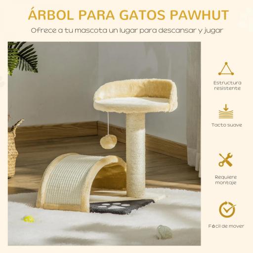 Árbol Rascador para Gatos Pequeños Altura 46 cm de 2 Niveles Árbol para Gatos con Poste Tablero para Rascar Plataformas y Juguete de Bola Colgante 35,5x37x46 cm Beige [2]