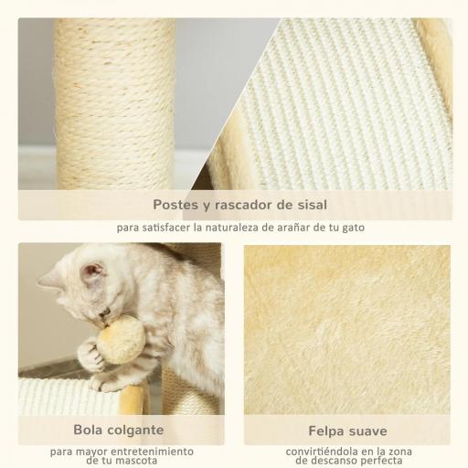 Árbol Rascador para Gatos Pequeños Altura 46 cm de 2 Niveles Árbol para Gatos con Poste Tablero para Rascar Plataformas y Juguete de Bola Colgante 35,5x37x46 cm Beige [3]