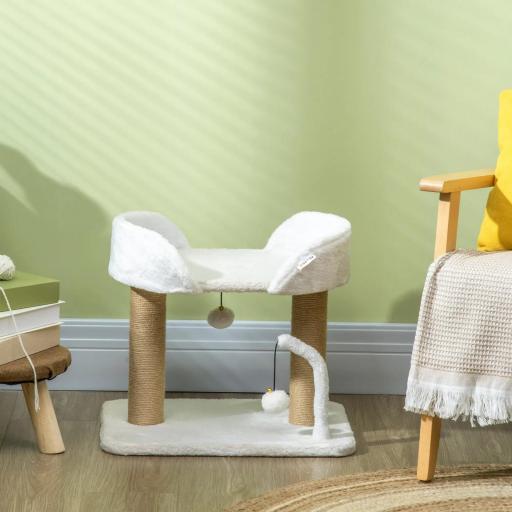 Árbol Rascador para Gatos Pequeños Altura 42 cm con Nido Bolas Colgantes y Postes de Sisal 48x38x42 cm Blanco [5]