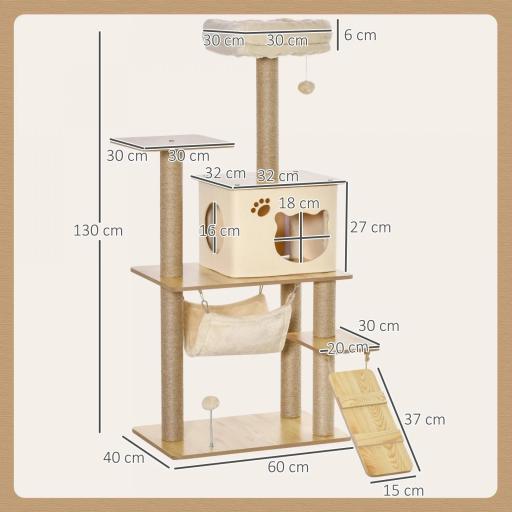 Árbol Rascador para Gatos 130 cm, Árbol para Gatos con 5 Plataformas, Hamaca, Escalera, Cueva, Postes de Yute, Bola Colgante, Beige [1]