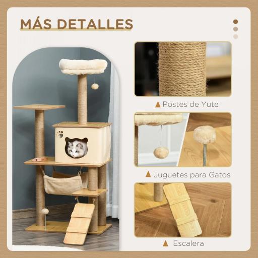 Árbol Rascador para Gatos 130 cm, Árbol para Gatos con 5 Plataformas, Hamaca, Escalera, Cueva, Postes de Yute, Bola Colgante, Beige [4]
