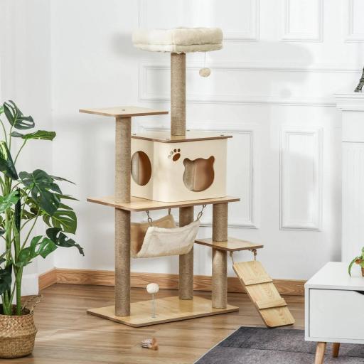Árbol Rascador para Gatos 130 cm, Árbol para Gatos con 5 Plataformas, Hamaca, Escalera, Cueva, Postes de Yute, Bola Colgante, Beige [5]
