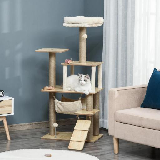 Árbol Rascador para Gatos 130 cm, Árbol para Gatos con 5 Plataformas, Hamaca, Escalera, Cueva, Postes de Yute, Bola Colgante, Beige [6]