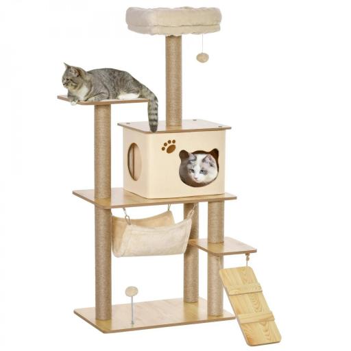 Árbol Rascador para Gatos 130 cm, Árbol para Gatos con 5 Plataformas, Hamaca, Escalera, Cueva, Postes de Yute, Bola Colgante, Beige [9]