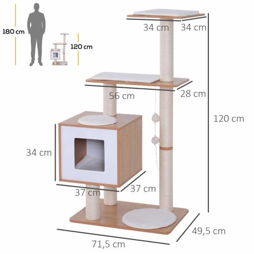 Árbol Rascador para Gatos de Madera 71,5x49,5x120 cm Torre de Gato con Cueva Plataformas Postes Rascadores de Sisal Cojines de Felpa Suave y Bolas Colgantes Natural [1]