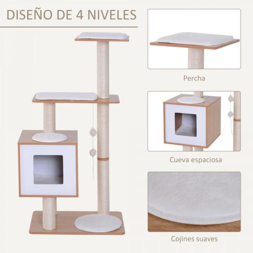 Árbol Rascador para Gatos de Madera 71,5x49,5x120 cm Torre de Gato con Cueva Plataformas Postes Rascadores de Sisal Cojines de Felpa Suave y Bolas Colgantes Natural [2]
