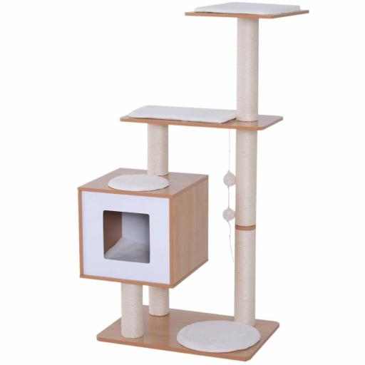 Árbol Rascador para Gatos de Madera 71,5x49,5x120 cm Torre de Gato con Cueva Plataformas Postes Rascadores de Sisal Cojines de Felpa Suave y Bolas Colgantes Natural [8]