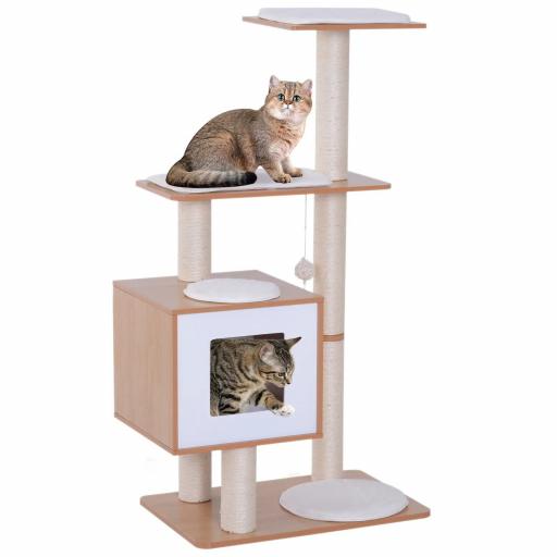 Árbol Rascador para Gatos de Madera 71,5x49,5x120 cm Torre de Gato con Cueva Plataformas Postes Rascadores de Sisal Cojines de Felpa Suave y Bolas Colgantes Natural [9]