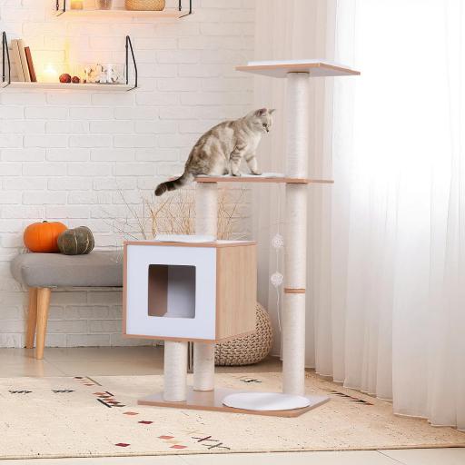 Árbol Rascador para Gatos de Madera 71,5x49,5x120 cm Torre de Gato con Cueva Plataformas Postes Rascadores de Sisal Cojines de Felpa Suave y Bolas Colgantes Natural